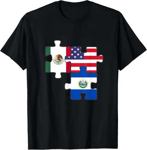 Camiseta con diseño de raíces mexicanas y salvadoreñas y la bandera de Estados Unidos