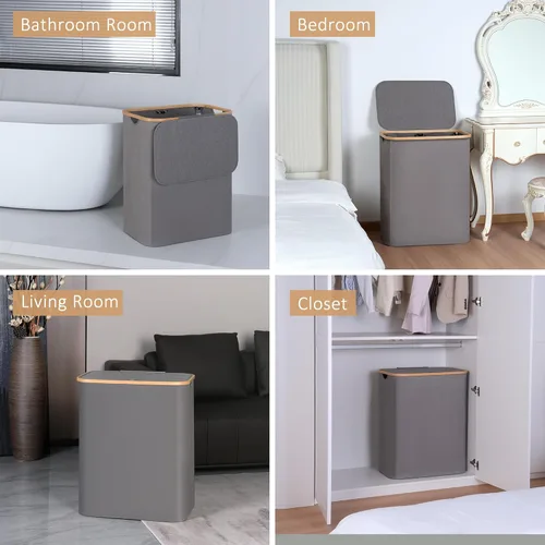 Miniatura 6 de iEGrow - Canasta de lavandería de 150 litros con tapa - Gran canasta de lavandería con asas de bambú, color gris, cestas para lavandería, cesta