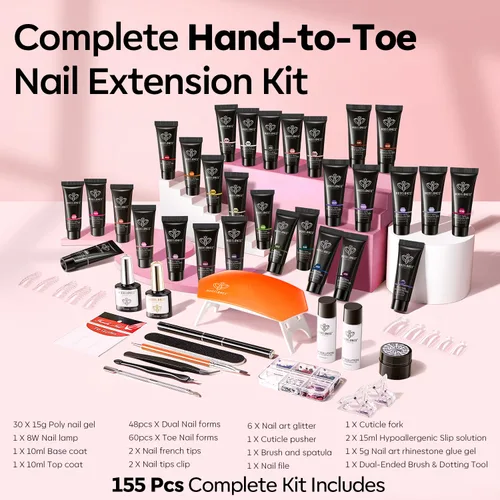 Miniatura 4 de Modelones Poly Gel Nail Kit 30 Colors with 8 W Nail Lamp Pink Yellow Golden Nude Nail Forms Slip Solution Builder Thickening Manicure Tools Polygel