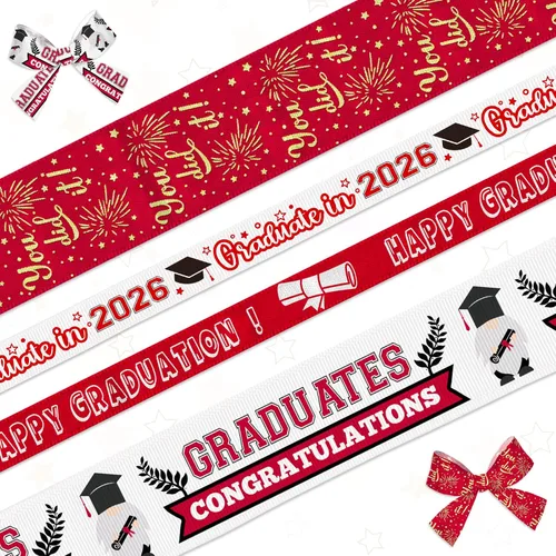 Hying 4 cintas de graduación 2026, cintas de grogrén de 1 pulgada y 3/8 pulgadas de ancho, cintas metálicas de clase de 2026, cintas rojas de