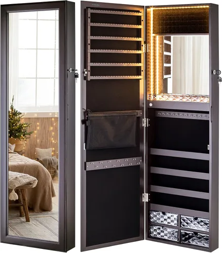 Miniatura 7 de Luxfurni - Joyero con espejo y 79 luces LED, gabinete para colgar en la pared o en la puerta, organizador con cerradura y cajones - Marrón