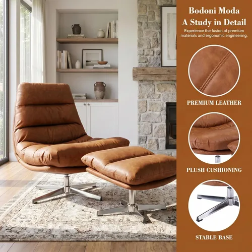 Miniatura 4 de HNY Silla de salón giratoria marrón con otomana moderna silla de cuero sintético con reposapiés de 33 pulgadas de ancho, silla de lectura tapizada