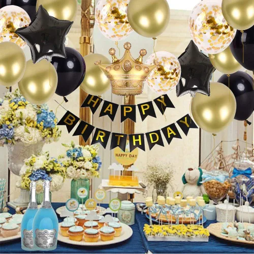 Miniatura 5 de Kit de decoración de fiesta de cumpleaños: pancarta de feliz cumpleaños, globo de corona dorada y globos de látex negros, suministros perfectos