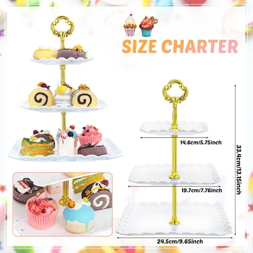 Miniatura 2 de 6 juegos de 3 niveles de soporte para cupcakes de fiesta de té, platos de postre de plástico blanco para cupcakes, bandejas cuadradas para tartas