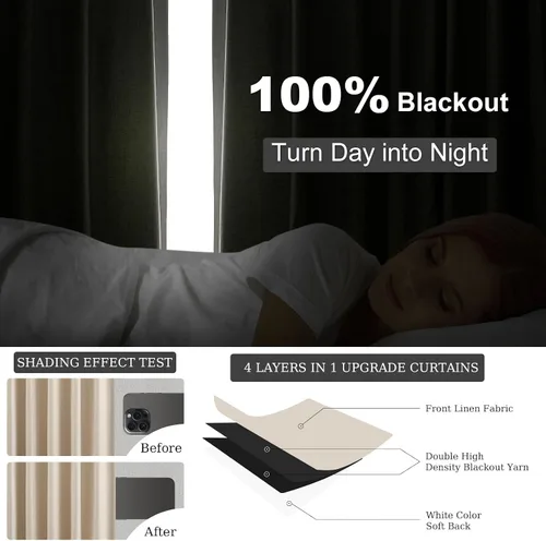 Miniatura 4 de Topfinel Cortinas opacas, blanco beige, 2 paneles, ventanas pequeñas, textura, mezcla de lino, bohemia, abedul, rural, gancho, bolsillo trasero