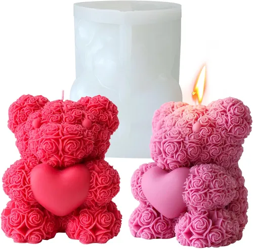 Molde de vela de oso de rosa extra grande – Moldes para hacer velas de oso de peluche 3D, bonitos moldes de resina epoxi para velas de bricolaje,