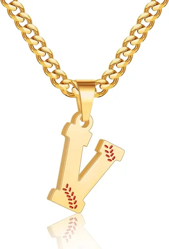 Miniatura 18 de Avotto Collar de béisbol con letra inicial de la A a la Z para niños y hombres, cadena cubana de acero inoxidable resistente que no se decolora