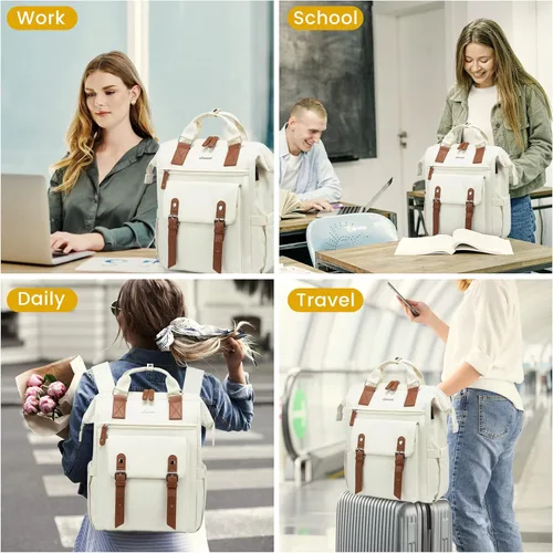 Miniatura 6 de Mochila para computadora portátil para mujer, mochila de viaje para trabajo, viajes y viajes, bolsas escolares universitarias, Beige-Marrón, 17,3