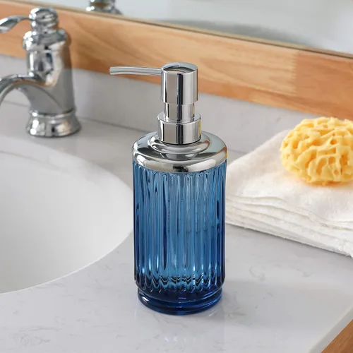 Miniatura 4 de Juego de 4 accesorios de baño de vidrio azul pesado con patrón decorativo prensado, incluye dispensador de jabón de mano, vaso, jabonera y soporte