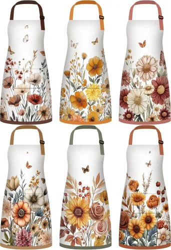 Miniatura 14 de Bencailor 6 delantales de cocina de verano con bolsillos, diseño de flores, gallo, abeja, mariposa, girasol, primavera, a granel para mujeres