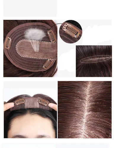 Miniatura 4 de Doble Lase Base de Seda Parte Superior 5.1x5.5 in Cabello Humano Sin Costuras Clip en la Frente Reemplazo Postizo Parte Media/8.7 in, Marrón Oscuro