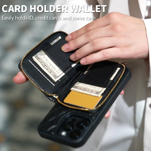 Miniatura 6 de LAMEEKU Funda Cartera para iPhone 15 Pro, Bolso Cartera Cruzada con Portarjetas, Correa de Muñeca de Cuero Acolchado con Cremallera y Bloqueo RFID