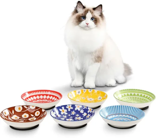 Miniatura 7 de Cuencos de cerámica para gatos – Serie floral colorido juego de 6 cuencos para gatos – Cuencos de alimentación para gatos con alfombrilla