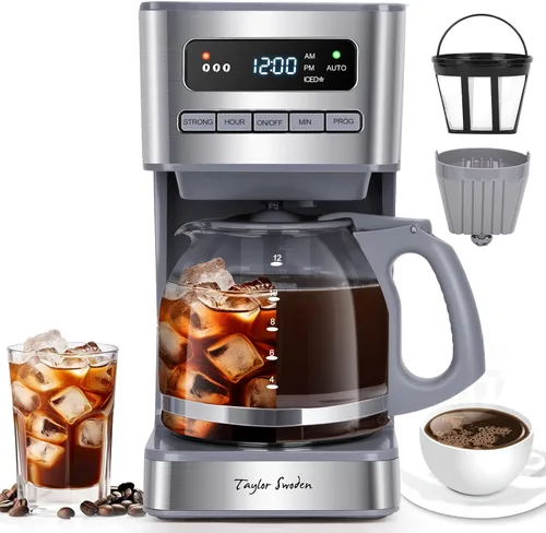 Miniatura 10 de Taylor Swoden Cafeteras programables de 12 tazas, cafetera para café caliente y café helado, 4 niveles de intensidad de preparación, pantalla LED