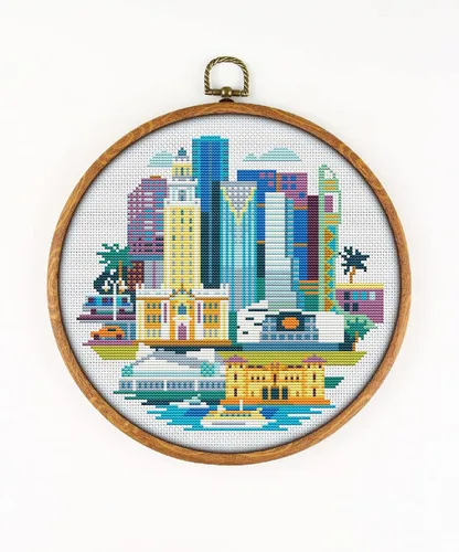 Miami Florida USA CS086 - Kit de punto de cruz contado # 2. Juego de hilos, agujas, tela AIDA, enhebrador de agujas, cortaúñas para bordar y patrón