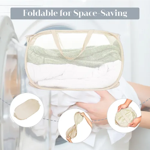 Miniatura 6 de Cestas de lavandería plegables duraderas, cesta de lavandería desplegable de malla con bolsillo lateral, cesta de ropa plegable con asas de 2 x beige
