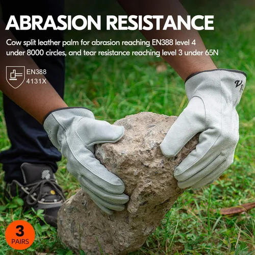 Miniatura 3 de Vgo... 3 pares de guantes de trabajo y conductor, de cuero de vaca sin forro, para trabajo pesado, conducción de camiones, almacén, jardinería