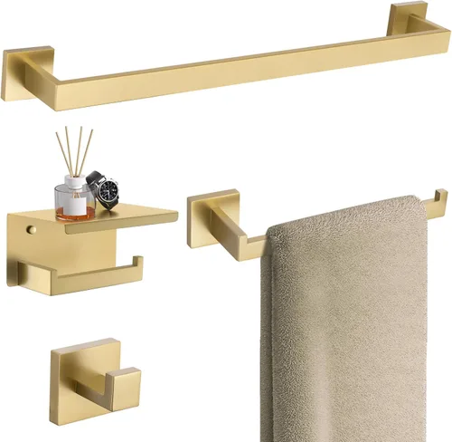 TURS Juego de 4 toallas de baño de oro cepillado, juego de 4 toallas de baño de acero inoxidable de 24 pulgadas, juego de toallero para baño montado
