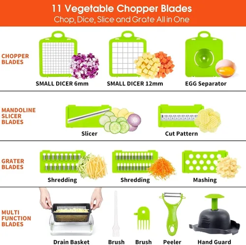 Miniatura 5 de Cortador de verduras 16 en 1 Pro cebolla y alimentos Cortador de verduras con 11 cuchillas y recipiente, juego de utensilios de cocina para cocinar
