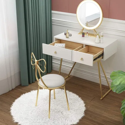 Miniatura 7 de Gluck Plants Taburete de maquillaje moderno, bonito taburete otomano de mariposa, patas de banco de metal, silla de comedor dorada para cocina
