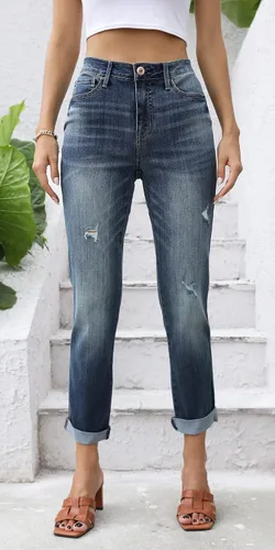 Miniatura 2 de OFLUCK Jeans de cintura alta para mujer, rasgados, elásticos, recortados