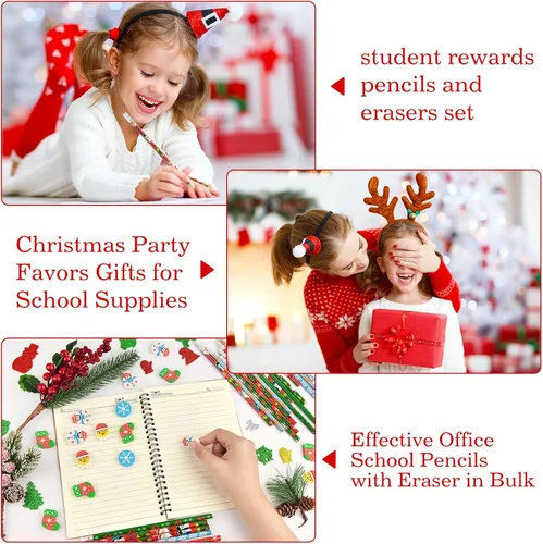 Miniatura 2 de 96 lápices de Navidad y borradores divertidos en 3D a granel para niños, bolsas de regalo de Navidad, regalos de 48 lápices y borradores