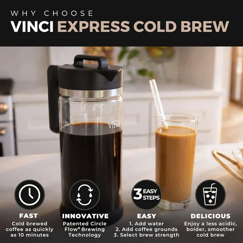 Miniatura 4 de VINCI Express Cold Brew, cafetera eléctrica en frío en 10 minutos, jarra de vidrio, 3 ajustes de fuerza de preparación y ciclo de limpieza, fácil