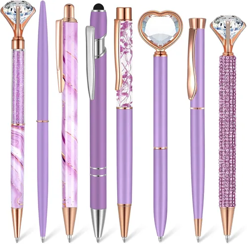 Supervitae 8 Bolígrafos Morados para Mujer, Papelería Escolar, Regalos de Diario, Arena Líquida con Purpurina, Bolígrafos de Tinta Negra, Regalos de