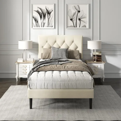 Miniatura 9 de HAOARA Armazón de Cama de Plataforma Tamaño Completo con Cabecera Tapizada con Botones Capitoné, Base de Colchón con Soporte de Listones de Madera