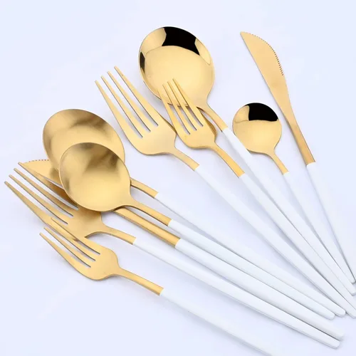 Miniatura 6 de Juego de cubiertos de oro mate y blanco, 5 piezas, juego de vajilla de acero inoxidable 18/10, servicio para 1, juego de utensilios de cocina, juego