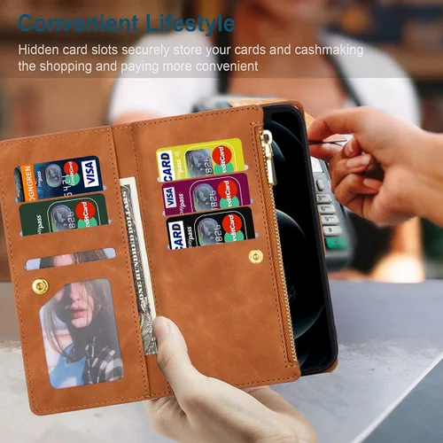 Miniatura 2 de UEEBAI Funda tipo cartera para iPhone 12 Mini de 5.4 pulgadas, retro 9 ranuras para tarjetero, bolsillo con cremallera, cierre magnético, función