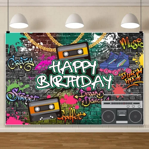 Miniatura 5 de AOFOTO Telón de fondo de feliz cumpleaños de los años 80 y 90, de 5 x 3 pies, tema de regreso a los 80, 90, hip-hop, rock, fondo de cumpleaños