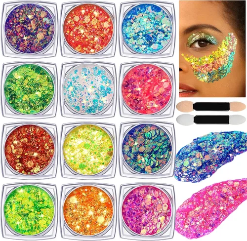 Miniatura 8 de Teenitor Gel de Purpurina para Cara y Cuerpo, Gel de Purpurina para Maquillaje y Festival, 12 Colores de Gel de Purpurina para Cara y Cuerpo, Gel
