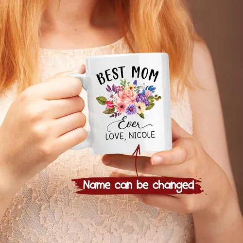 Miniatura 2 de Taza de café con nombre personalizado "Best Mom Ever", regalos para cumpleaños, regalos de niños, taza de café floral personalizada, regalo