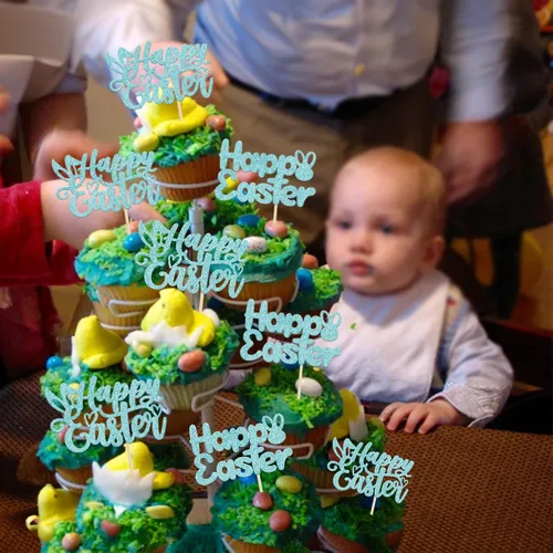 Miniatura 9 de Gyufise Paquete de 24 adornos azules con purpurina para cupcakes de Pascua con orejas de conejo de Pascua, decoraciones para fiesta de Pascua