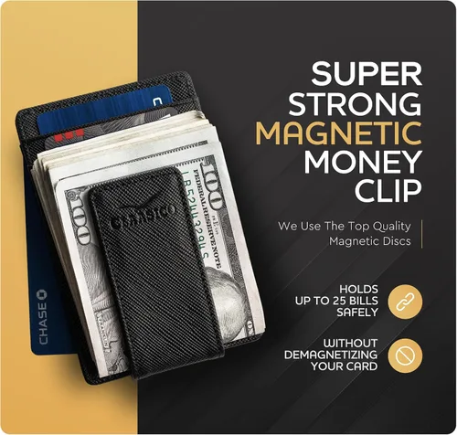 Miniatura 11 de Billetera de cuero con clip para dinero, bolsillo frontal delgado, bloqueo RFID con imán súper fuerte
