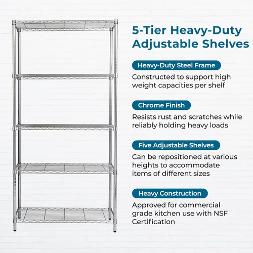 Miniatura 5 de Honey-Can-Do Estantes ajustables de 5 niveles resistentes, estante de almacenamiento de metal con capacidad de 350 lb, cromado, 16 pulgadas de ancho