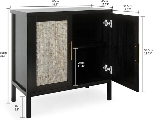 Miniatura 3 de VOWNER Gabinete de almacenamiento de ratán, aparador de buffet con puertas decoradas de ratán, armario para pasillo, entrada, sala de estar, 31.5