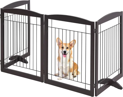 Miniatura 9 de Yaheetech Puerta extra ancha independiente para perros, valla plegable para cachorros con pies de apoyo adecuada para puertas, escaleras, 98 Espresso