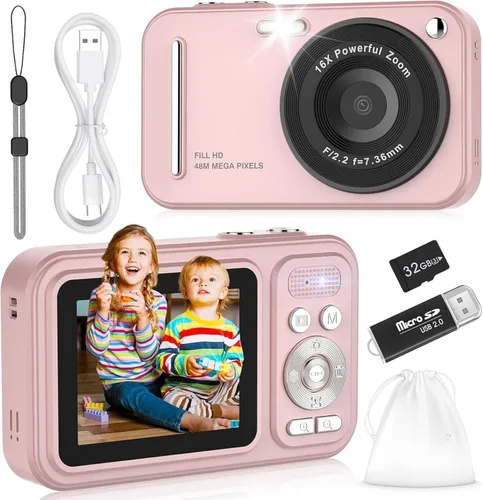 Cámara digital para niños, cámaras digitales de 48 MP FHD 1080P para apuntar y disparar con zoom de 16X, cámaras portátiles compactas para
