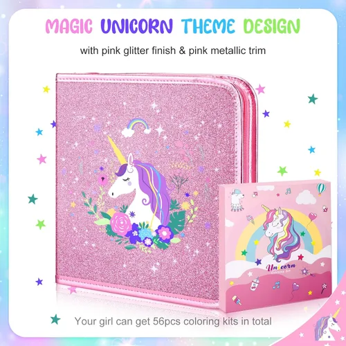 Miniatura 3 de MAIGOZON Juego de marcadores perfumados de frutas 56 piezas con estuche de unicornio con purpurina y papelería, suministros de arte para niños