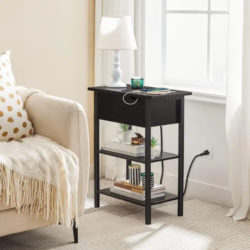 Miniatura 2 de HOOBRO - Mesa auxiliar lateral, mesa de centro abatible con estación de carga y estantes, puertos USB y tomas de corriente, mesita de noche estrecha