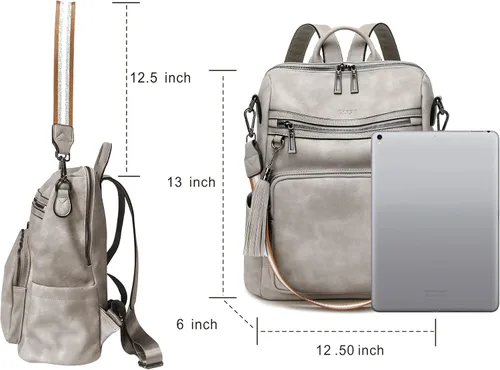 Miniatura 6 de OPAGE - Mochila de cuero para mujer, con borla de moda, bolso de hombro, mochila grande, bolsa de viaje, gris, L