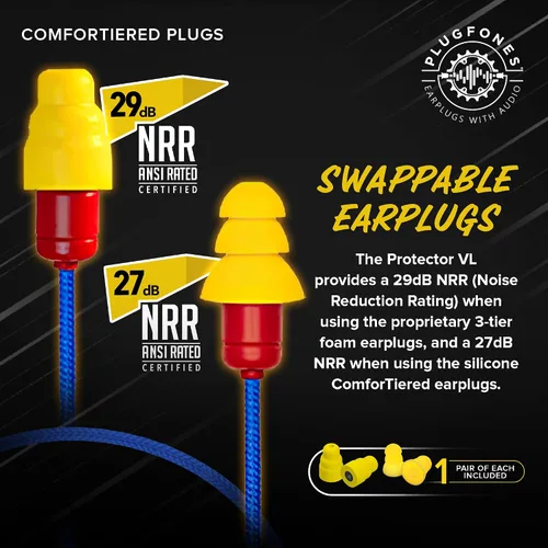 Miniatura 4 de Plugfones Protector Volume Limited Audio Earbuds, tapones para los oídos compatibles con OSHA con sonido, azul y amarillo Amarillo y rojo