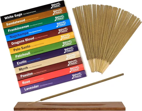 Paquete de regalo con un quemador de madera (12 fragancias) sangre de dragones, salvia blanca, Palo Santo, sándalo, incienso, lavanda, nagchampa,