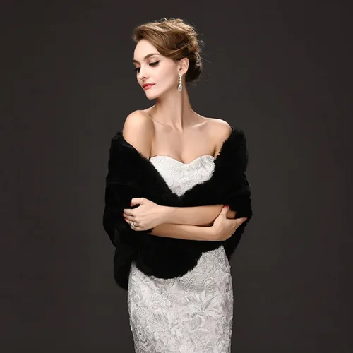 Miniatura 3 de CHITONE Abrigo de piel sintética negra para mujer, chal para boda, fiesta, espectáculo, Negro
