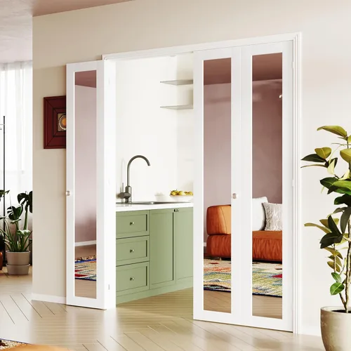 Miniatura 36 de Puerta plegable de 180 grados, para aberturas de 30 ″ x 80 ″, puerta plegable esmerilada blanca 3-Lite con bisagras, juego de herrajes para puertas