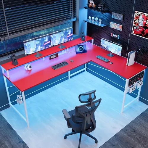 Miniatura 5 de Pamray Escritorio para juegos en forma de L de 64 pulgadas con tomas de corriente y luces LED, escritorio de esquina grande para computadora