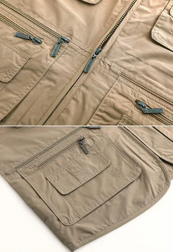 Miniatura 7 de Hbufnha Chaleco de viaje casual Safari para hombre, 16 bolsillos, chaleco de trabajo al aire libre, chaqueta sin mangas, chaqueta de pesca