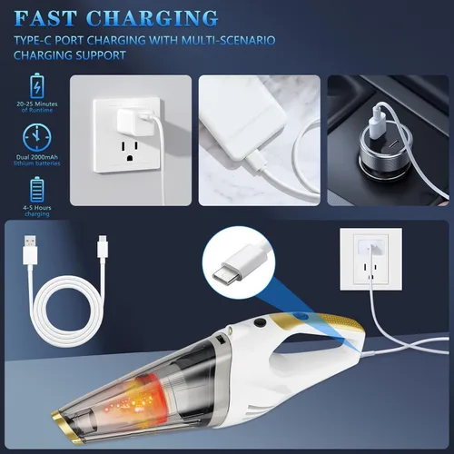 Miniatura 7 de Aspiradora de mano inalámbrica recargable y portátil para coche Strong Suction Hand Vacuum with LED Light, Washable Filters and Attachments for